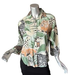Vintage Kiks Women’s 3/4 Sleeve Top Button Front Shirt Jungle Animals Safari L